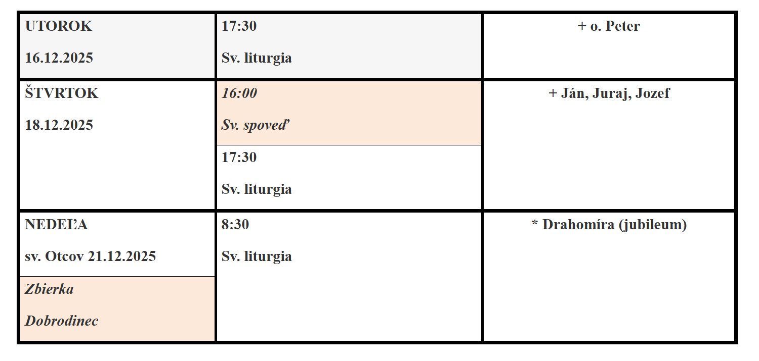Program bohoslužieb 20.7. – 26.7.2026