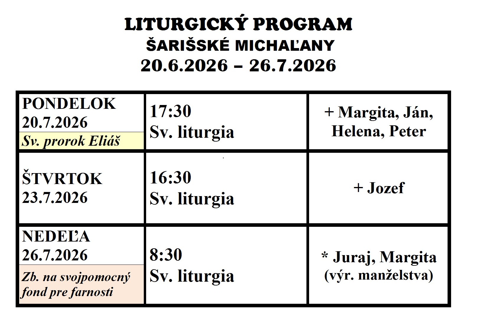 Program bohoslužieb 20.7. – 26.7.2026