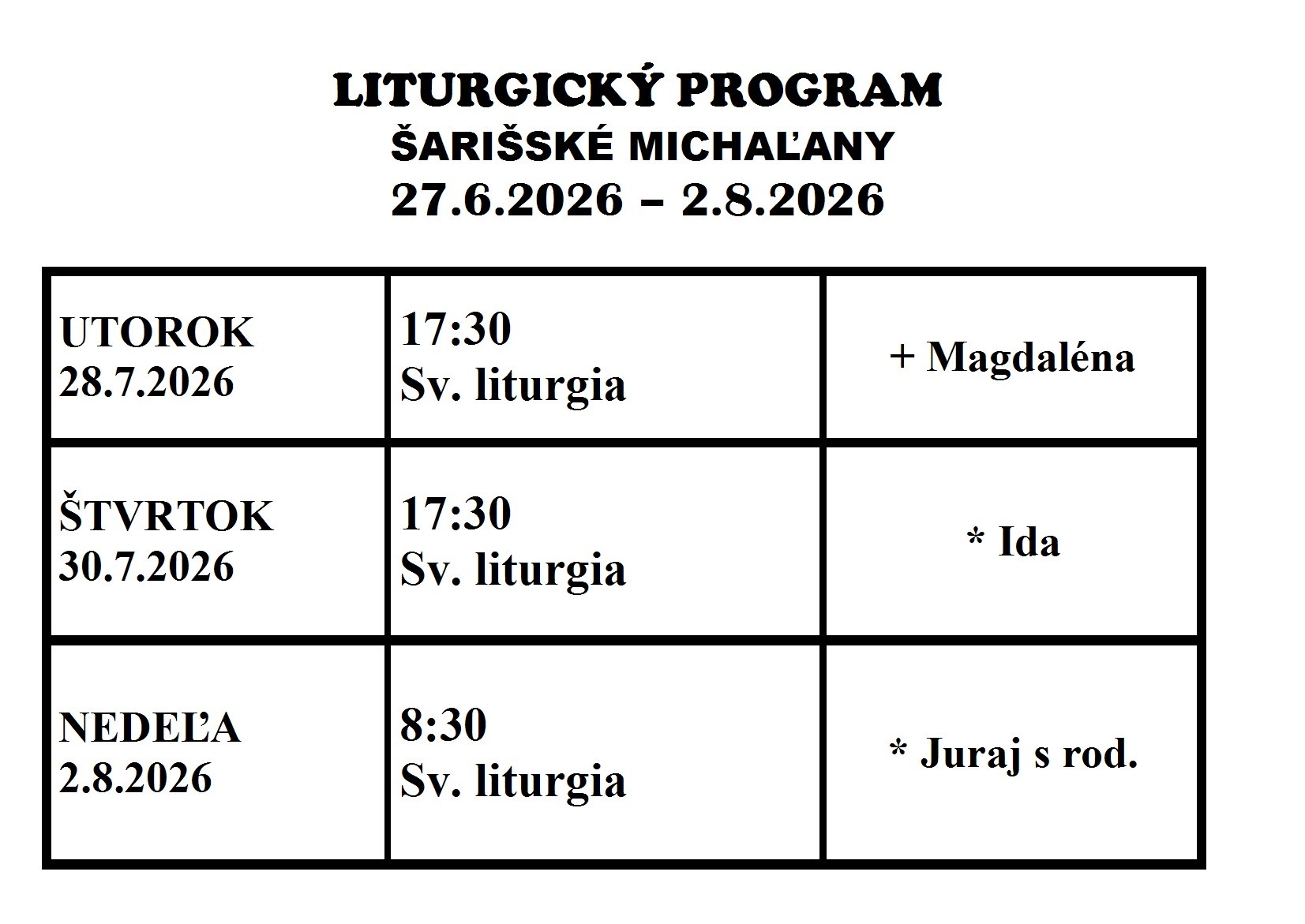 Program bohoslužieb 27.7. – 2.8.2026