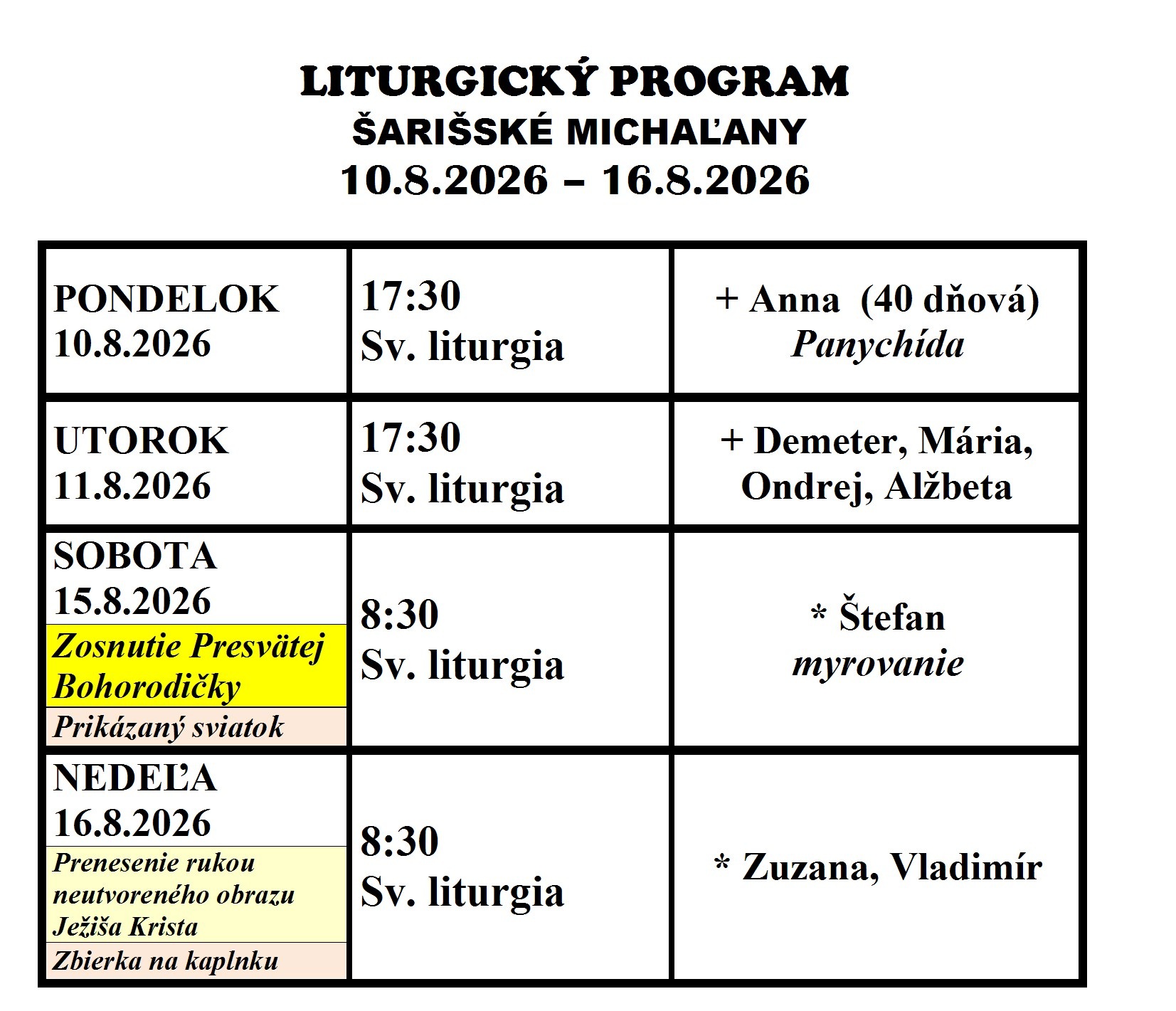 Program bohoslužieb 10.8. – 16.8.2026
