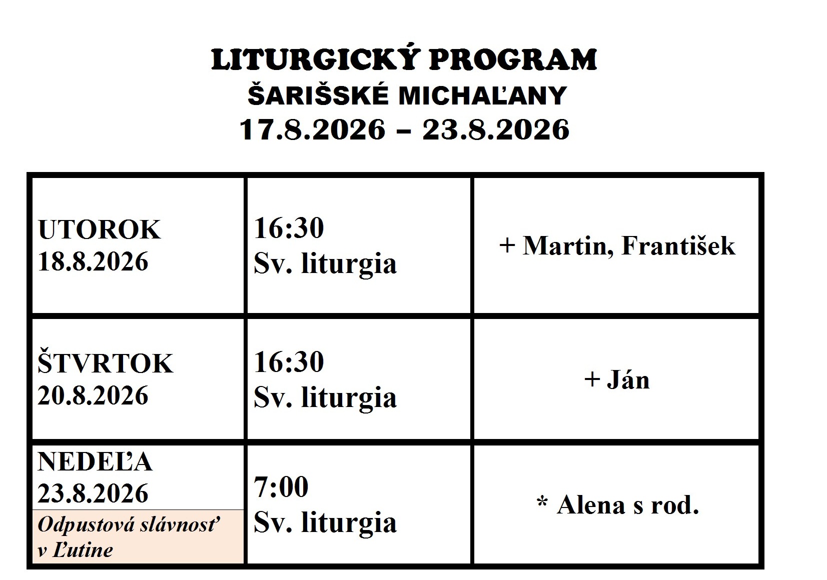 Program bohoslužieb 17.8. – 23.8.2026