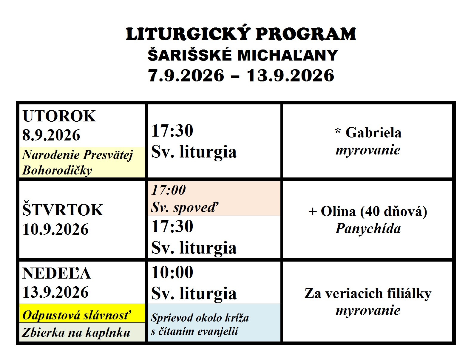 Program bohoslužieb 7.9. – 13.9.2026