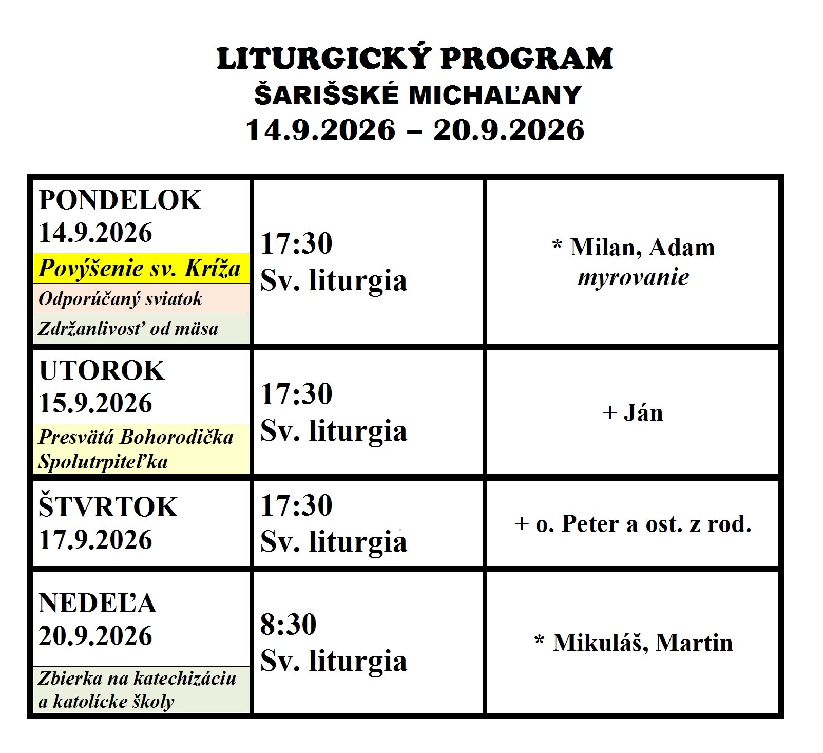 Program bohoslužieb 14.9. – 20.9.2026