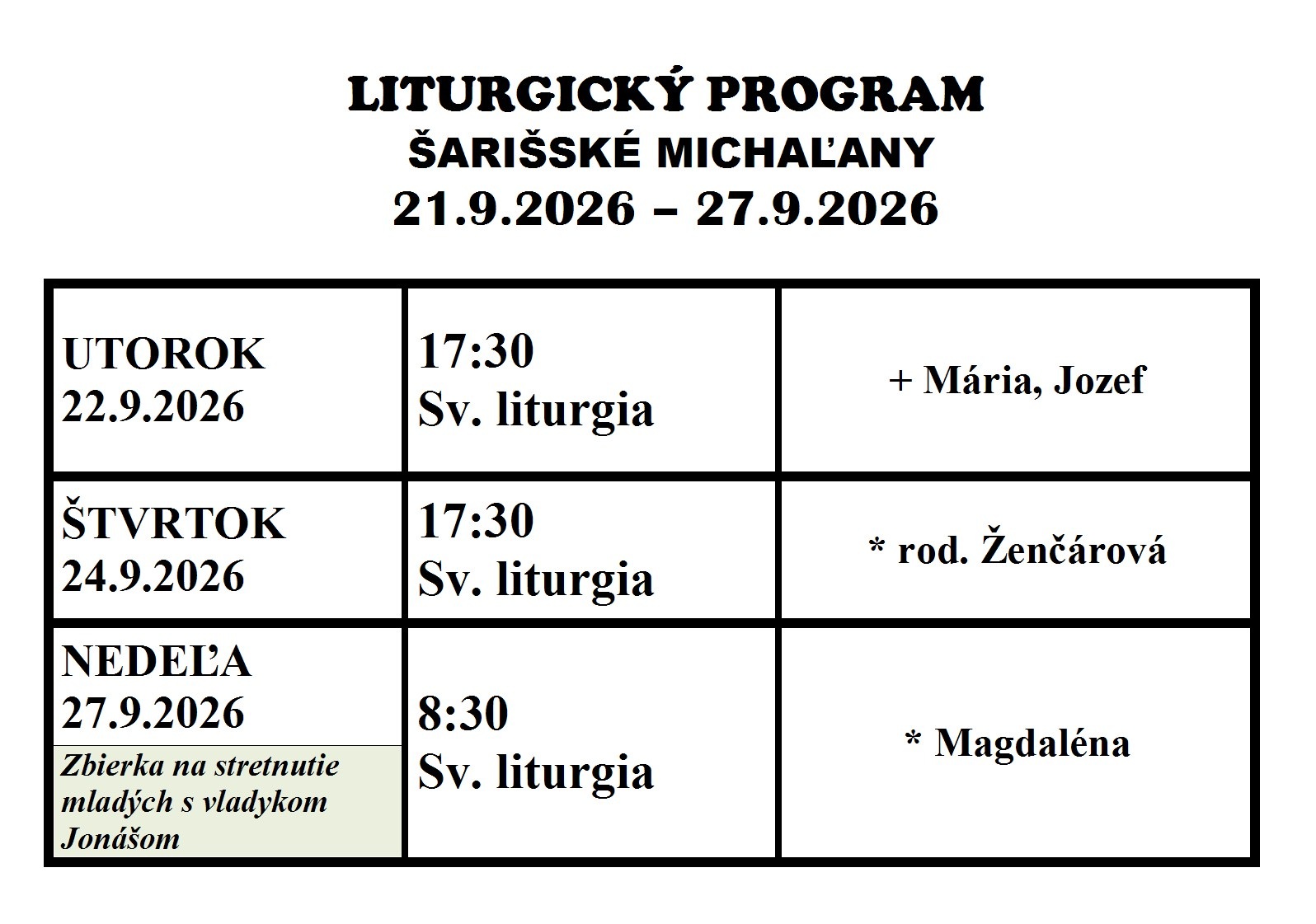 Program bohoslužieb 21.9. – 27.9.2026