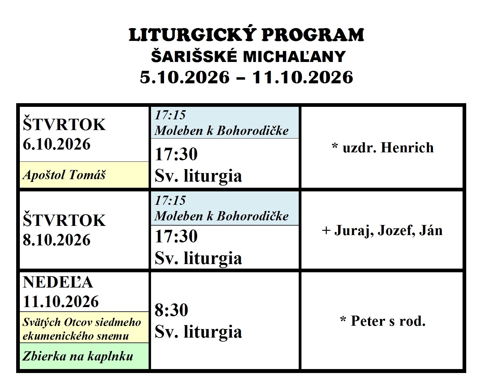 Program bohoslužieb 5.10. – 11.10.2026