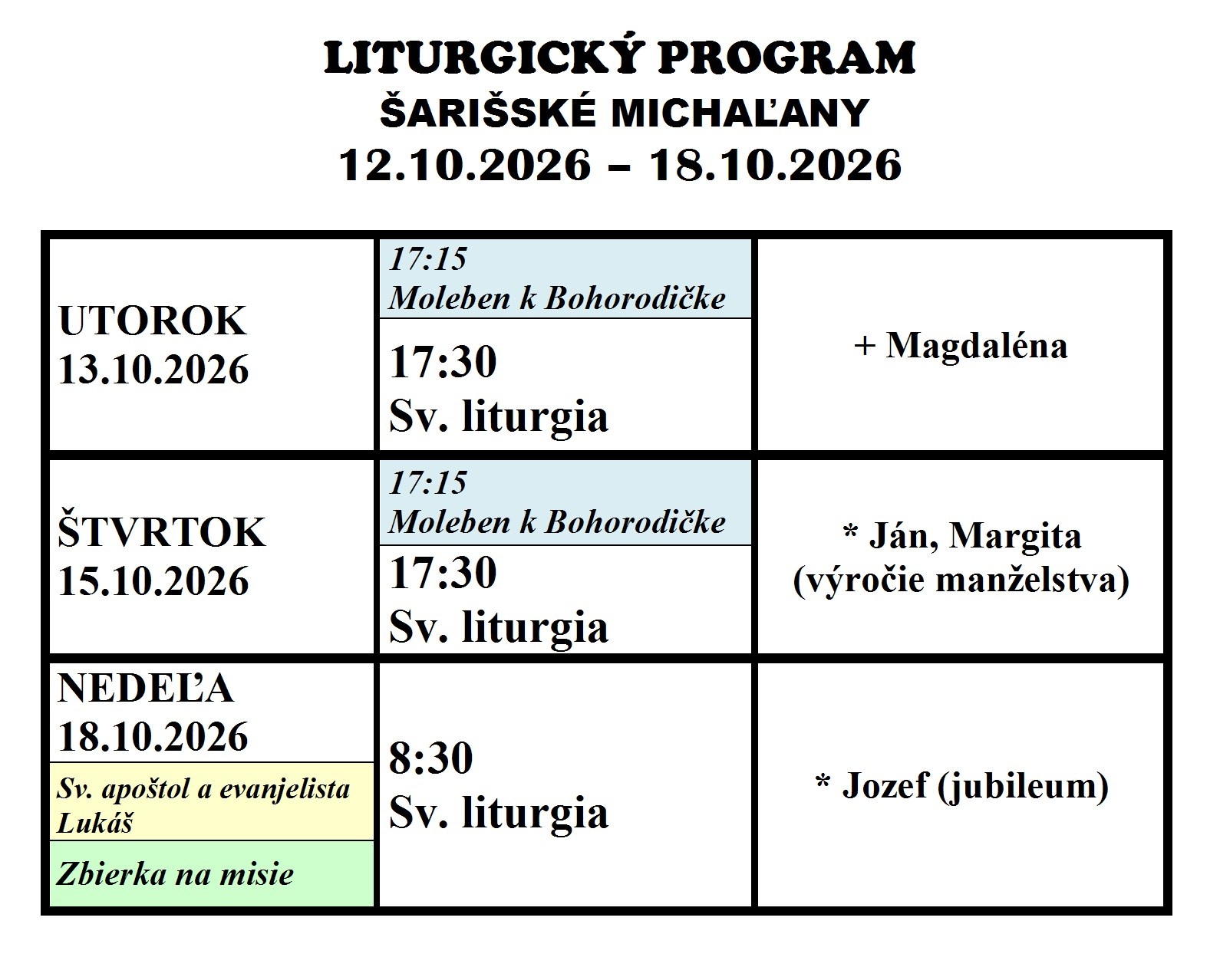Program bohoslužieb 12.10. – 18.10.2026