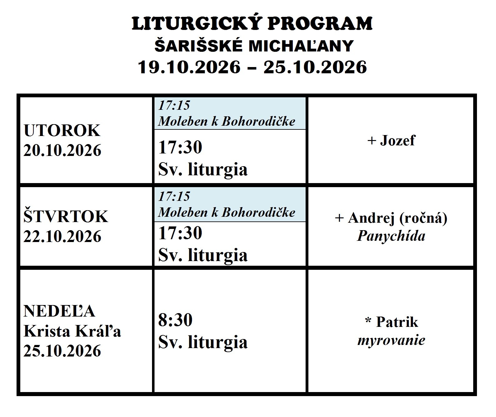 Program bohoslužieb 19.10. – 25.10.2026